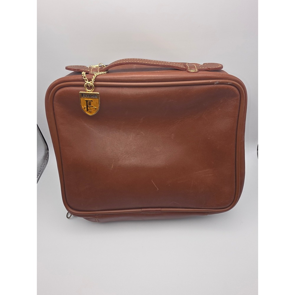 Vintage French Luggage Company Brown Leather Toiletry Travel Vanity Case USA